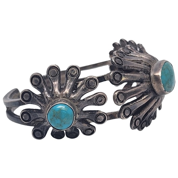 Native American Sterling Silver Turquoise Modern Flower Cuff Bracelet #18605 - Picture 4 of 9